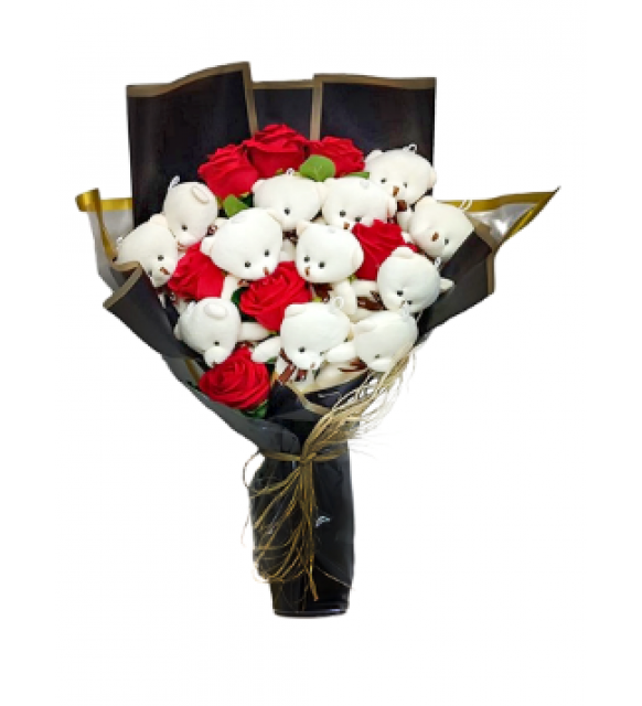 Sevimli Beyaz Ayıcık ve Gül Buketi (~60 cm)